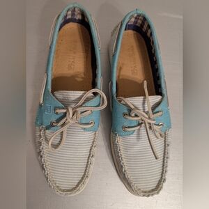 Sperry Women’s 9M Blue Striped Canvas Boat Shoes Nautical Comfort Preppy